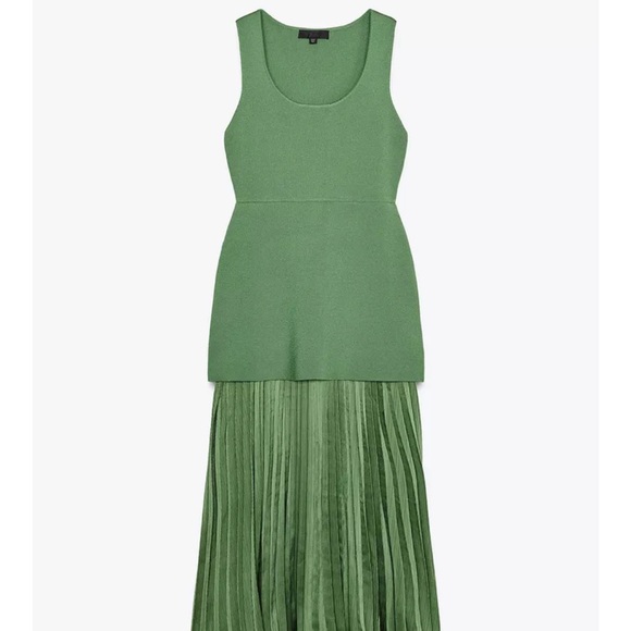 PLEATED KNIT COMBINATION DRESS Green Sleeveless Dress. Size M - Picture 8 of 10